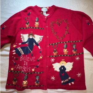 Quacker Factory Believe In Angels Red Cardigan Sweater Christmas Vintage 1X